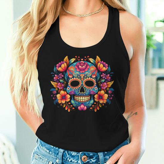 Débardeur Femme Motif Dia De Los Muertos - Tête De Mort Mexicaine Fleurie - Style Sugar Skull Coloré - 6