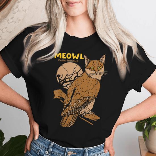 Meowl Cat Owl With Tree And Full Moon Women T shirt Monsterry