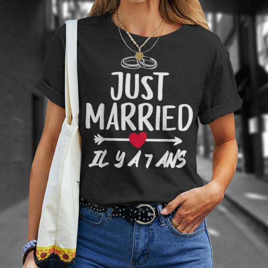 T-shirt 7 Ans De Mariage - Noces De Laine, Design "Niveau 7 Débloqué", Cadeau Romantique Et Humoristique