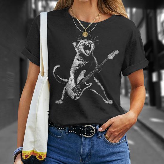 T-Shirt Humour Chat Rockeur Jouant De La Guitare - Coupe Classique, Léger, Manches Doubles Coutures