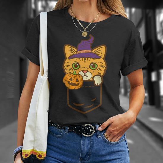 Pocket Cat Witch Pumpkin Cute Halloween Animal Pet Kitten T Shirt Monsterry