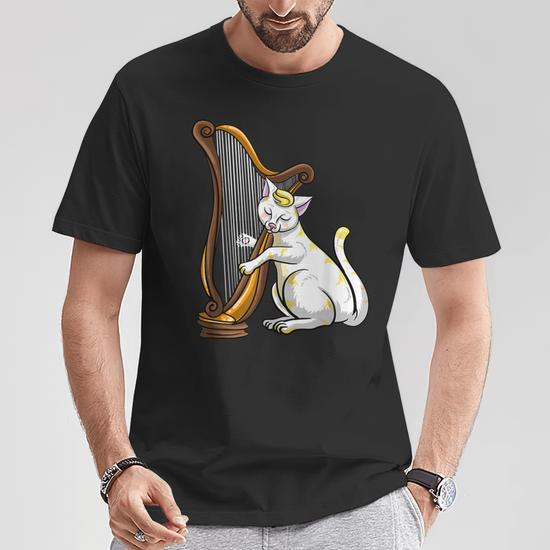 T-shirt Unisexe 3D Harpiste Chat Blanc - Coton - Marque BDMeow - Lavable En Machine - Thème Chat Musicien