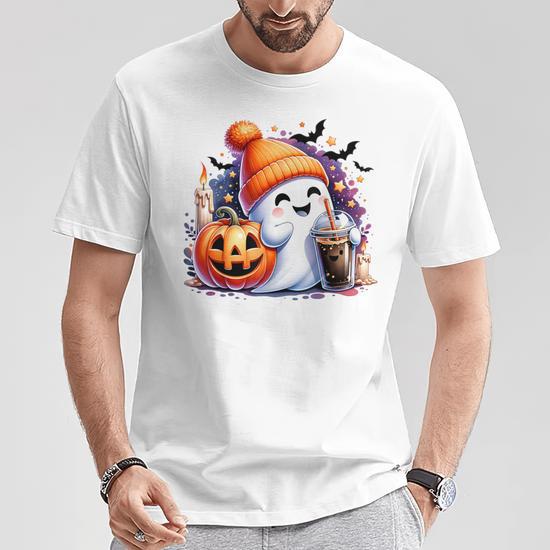 Cute Ghost Drinking Coffee Spice Halloween Ghost Ice Coffee T Shirt Seseable CA