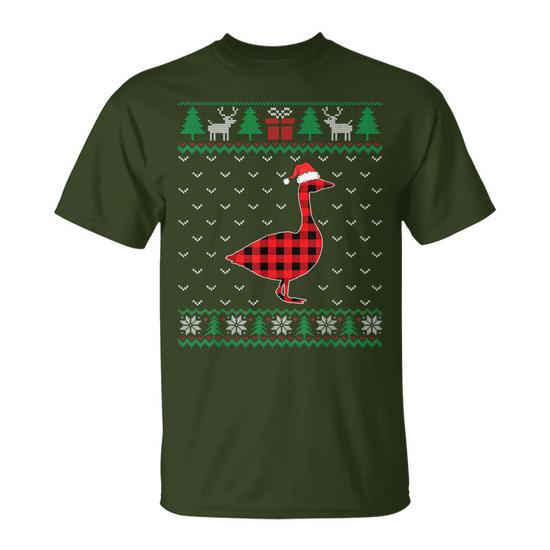 Goose Red Plaid Ugly Christmas Sweater Matching Pajamas T Shirt Thegiftio UK