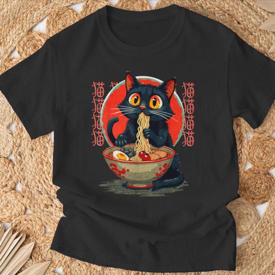 Anime Cute Cat Eating Ramen Japanese Noodles Vintage T Shirt Thegiftio UK