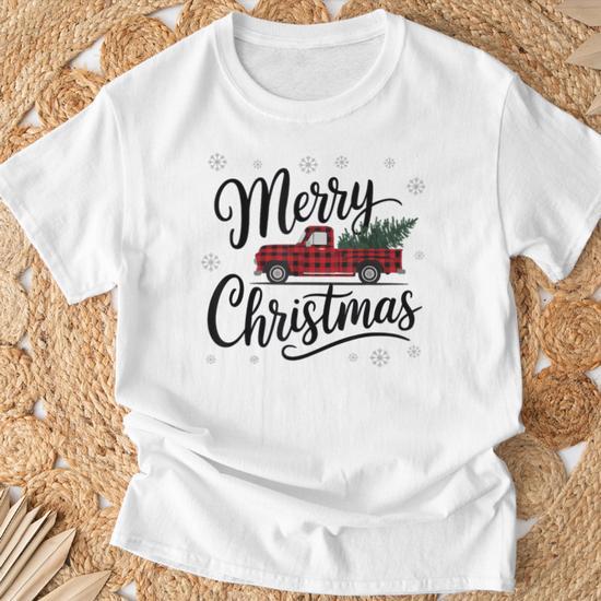 Merry Christmas Shirt For Women - Buffalo Plaid Tree Graphic Tee, Short Sleeve, Holiday T-Shirt