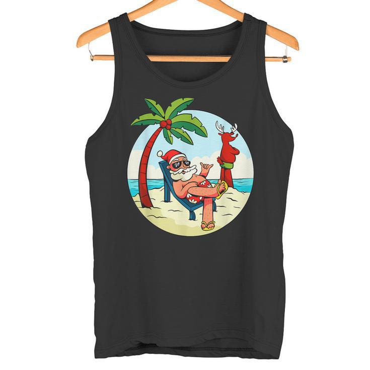 Santa Claus Reindeer Beach Swimming Trunks Palm Trees Christmas Tank Top