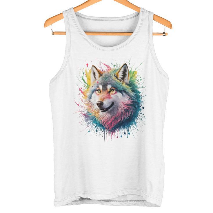 Wolf Herren Damen Bunt Aquarell Wolf Tank Top