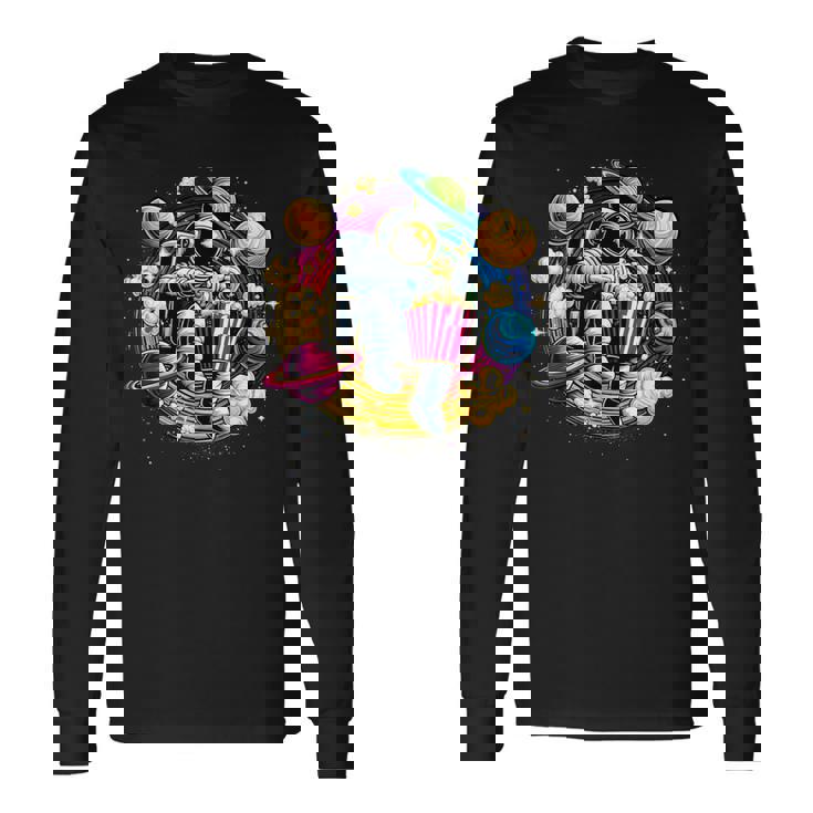 Astronaute Galaxie Colorée Mangeant Du Popcorn Savoureux T-shirt à manches longues