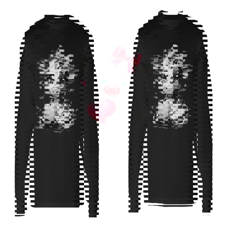 Awesome Black & White Cow Holding Heart Pink Coquette Bow Long Sleeve T-Shirt Gifts ideas