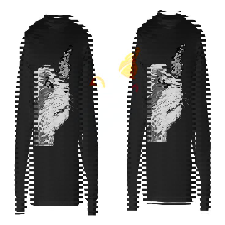 Cat With Monarch Butterfly On His Nose Butterfly Cat Lover Long Sleeve T-Shirt