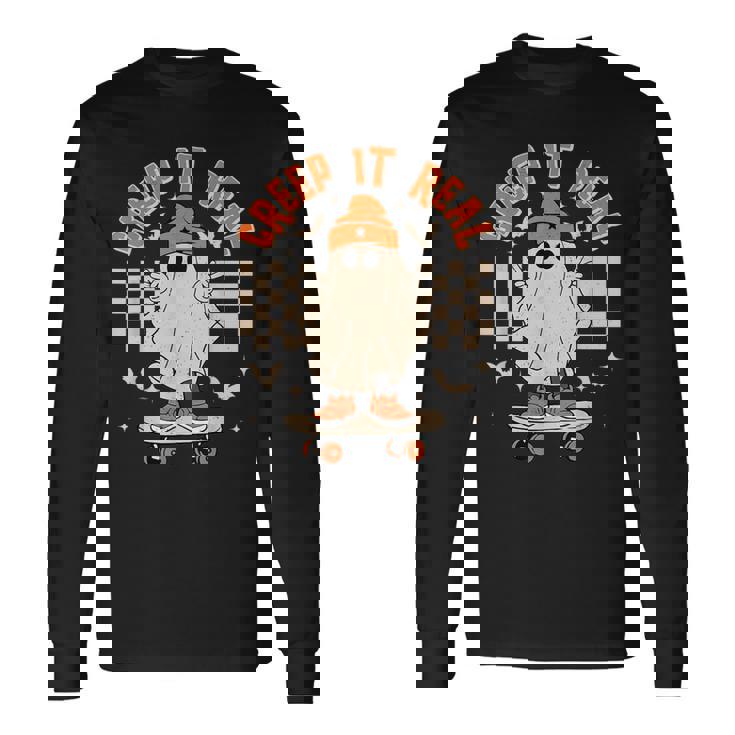 Creep It Real Ghost Skateboard Retro Halloween Skateboarding Long Sleeve T-Shirt