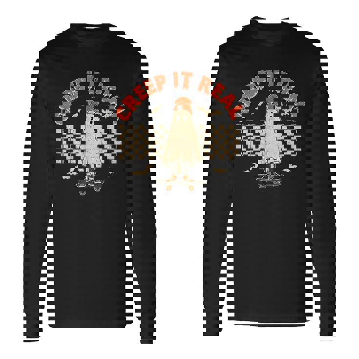 Creep It Real Skateboarding Ghost Retro Halloween Costume Long Sleeve T-Shirt