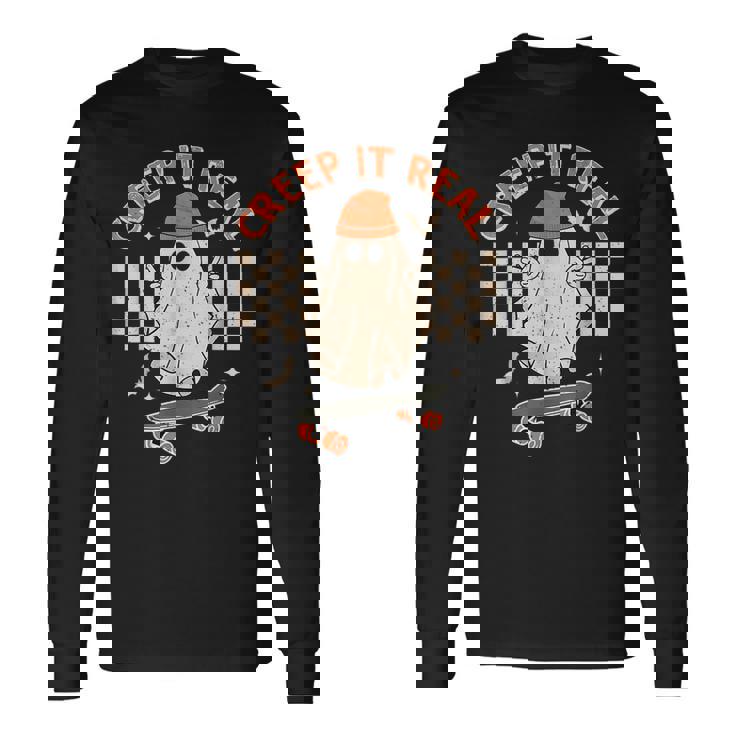Creep It Real Skateboarding Ghost Retro Halloween Costume Long Sleeve T-Shirt