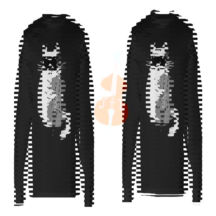 Gato Gracioso Con Gafas De Sol De Músico Contrabajo Camiseta de manga larga