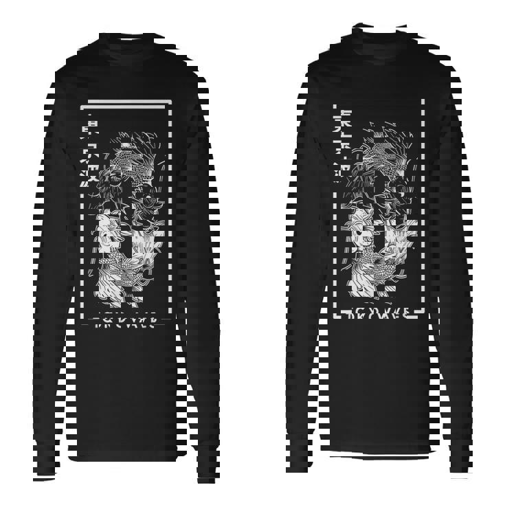 Japonés Koi Fish Blanco Negro Dibujado Minimalista Japón Arte Camiseta de manga larga