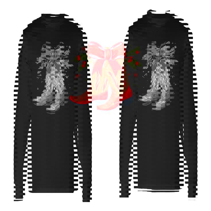 Merry And Bright Cowgirl Boot Christmas Western Cowboy Long Sleeve T-Shirt