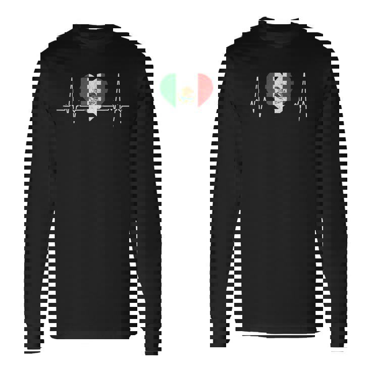 Mexico Flag Heartbeat Pulse For Mexican Independence Day Long Sleeve T-Shirt