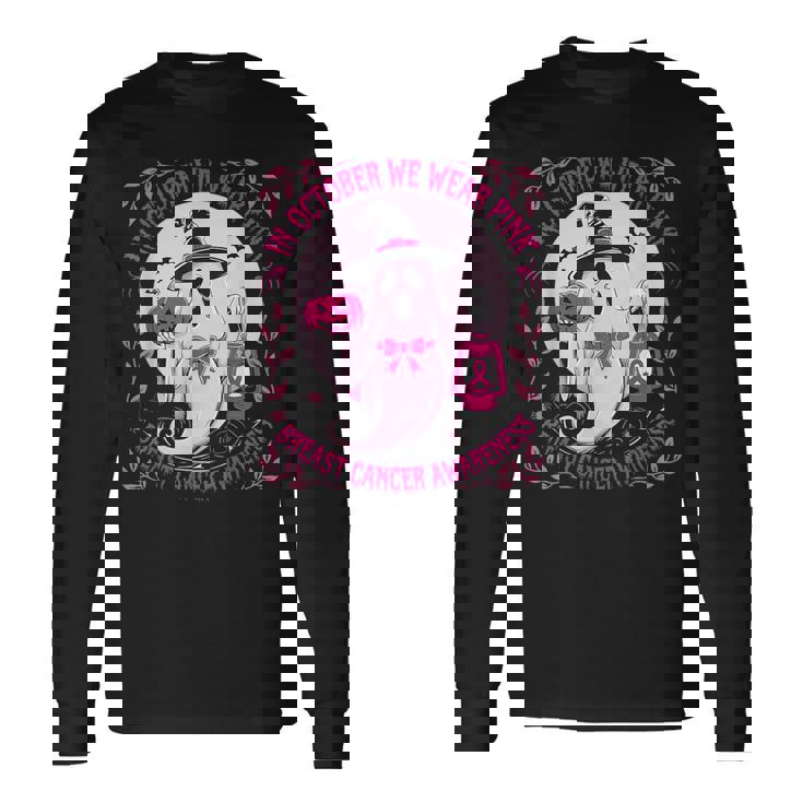 October We Wear Pink Ghost Halloween Pumpkins Breast Cancer Long Sleeve T-Shirt