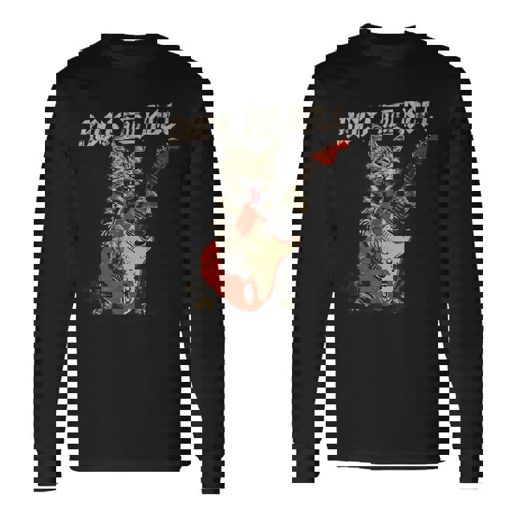 Rock And Roll Guitar Cat Vintage Rock Guitarist Cat Long Sleeve T-Shirt Gifts ideas