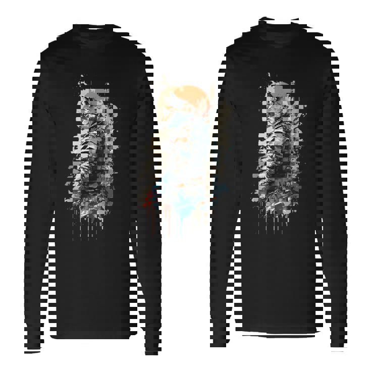Samurai Gato Japonés Uniforme Pintura Retrato Gato Samurai Camiseta de manga larga