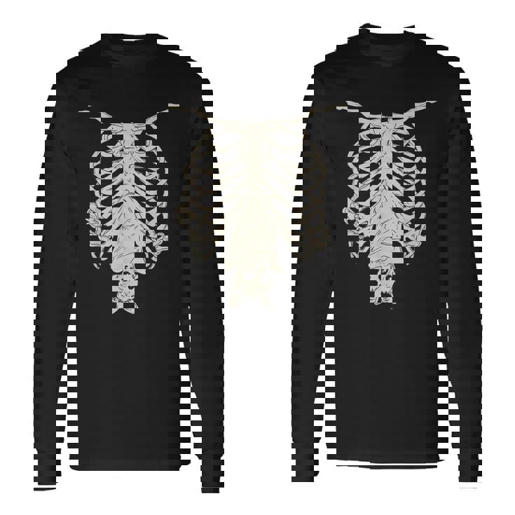 Halloween Gold Skull With Pumpkin Eyes And Bat Long Sleeve T
