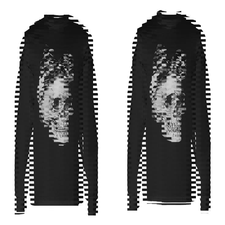 Skull Coquette Bow Halloween Black And White Checkered Bow Long Sleeve T-Shirt Gifts ideas