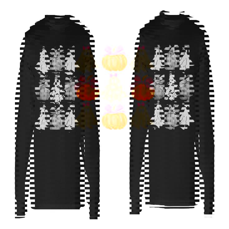 Spooky Season Halloween Ghost Pumpkin Ribbon Coquette Bow Long Sleeve T-Shirt