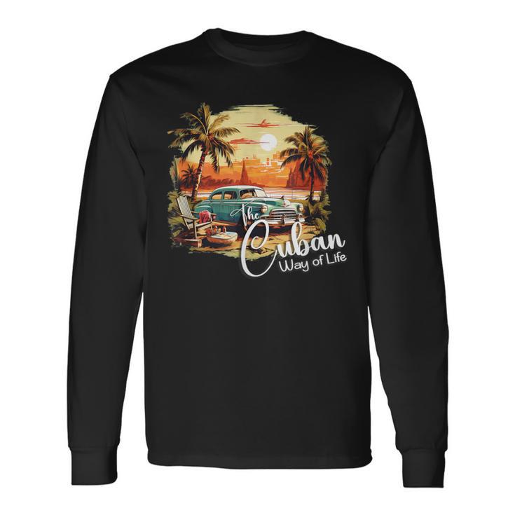 Sunset Cuba Oldtimer Palm Trees Retrointage Summer Langarmshirts Geschenkideen