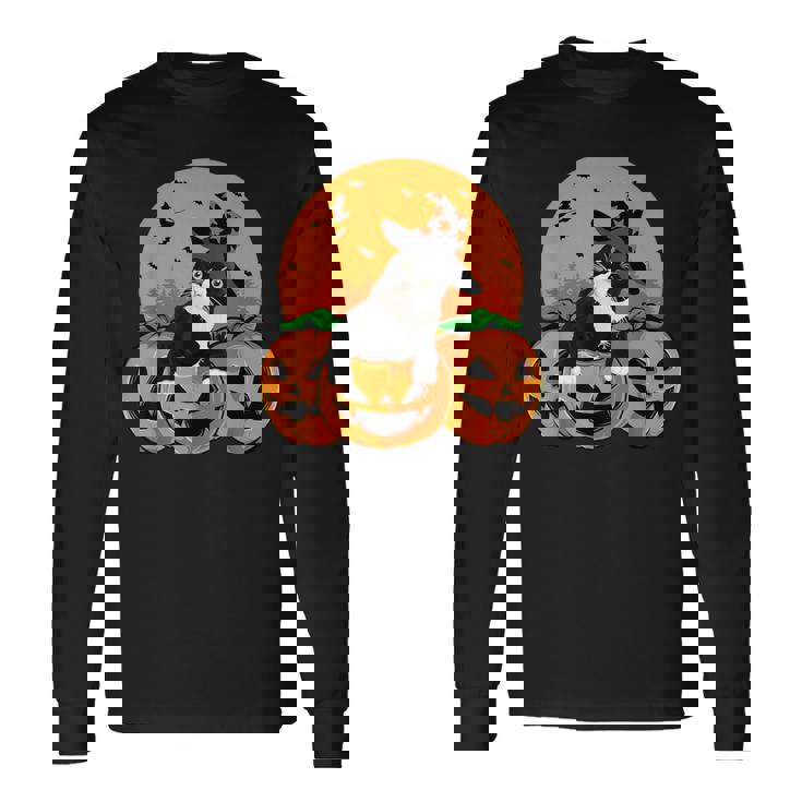 Tuxedo Cat Witch Hat Halloween Scary Jack O Lantern Pumpkins Long Sleeve T-Shirt