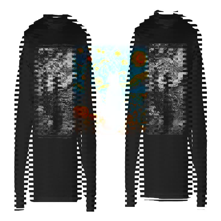 Van Gogh Black Cat Starry Night Pumpkins Fun Halloween Party Long Sleeve T-Shirt