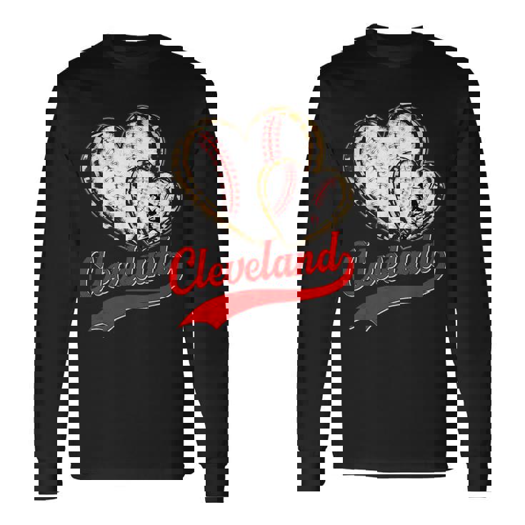 Vintage Cleveland Baseball Leopard Heart Baseball Fans Long Sleeve T-Shirt