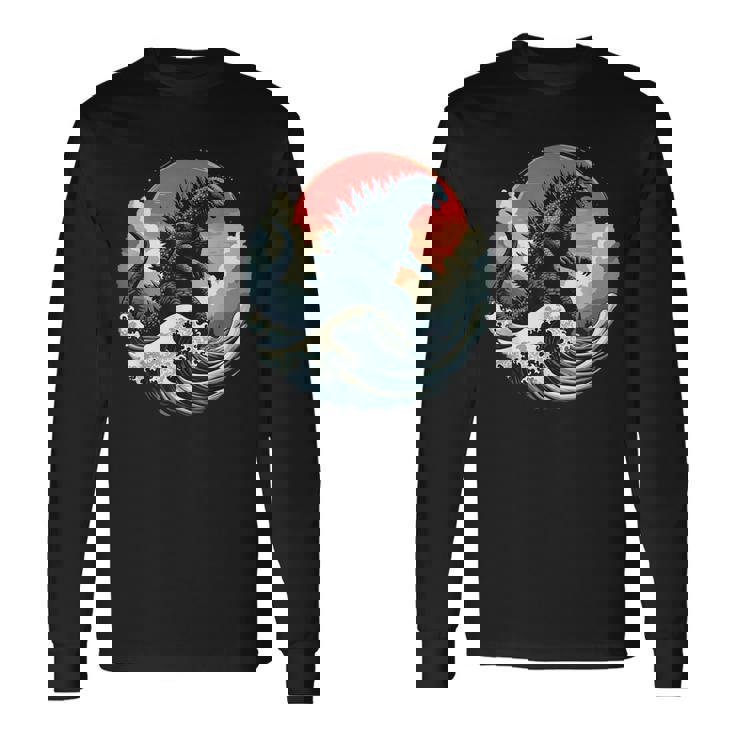 Retro Japanese Japan Flag Great Wave Outline Graphic T Long