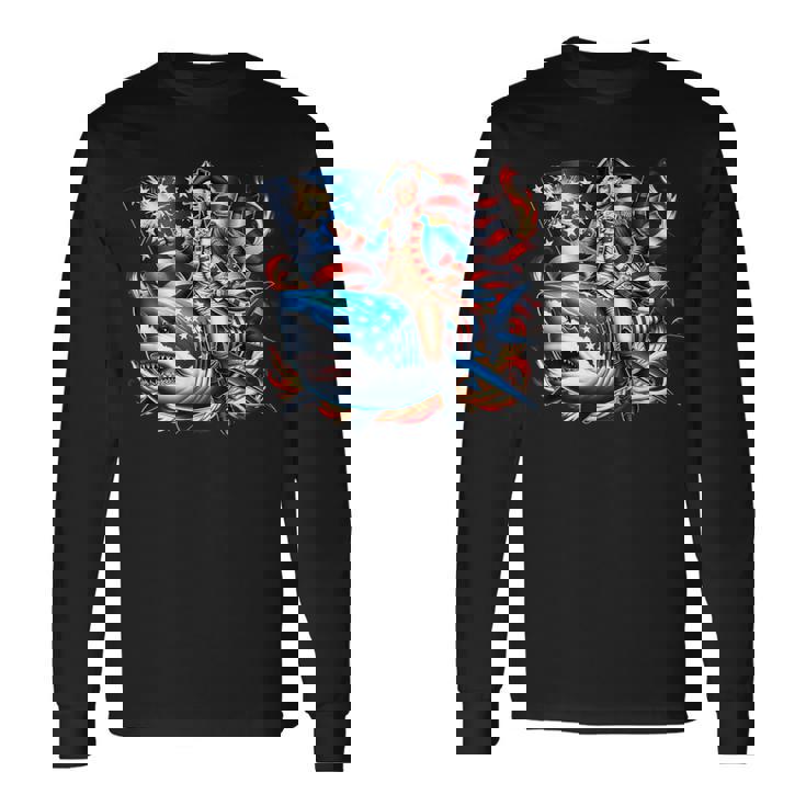 Washington Riding Shark July 4Th American Flag Sharks Long Sleeve T-Shirt