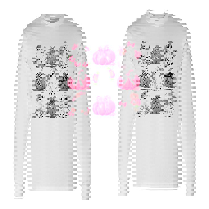 Cute Ghost Florals Pink Coquette Bows Pumpkins Halloween Long Sleeve T-Shirt Gifts ideas