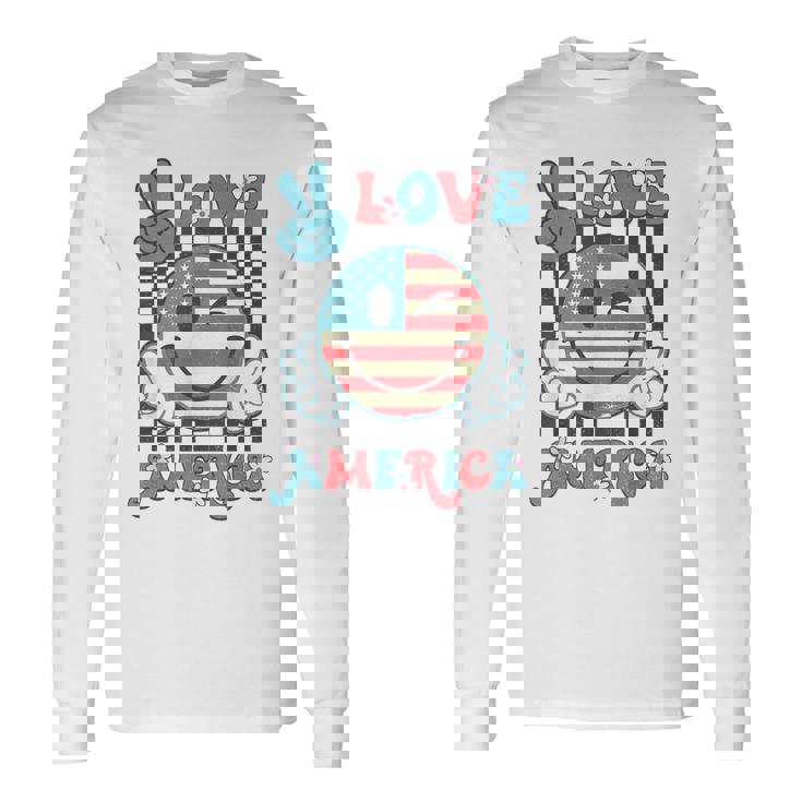 Peace Love America Smile Face Us Flag Fourth 4Th Of July Long Sleeve T-Shirt