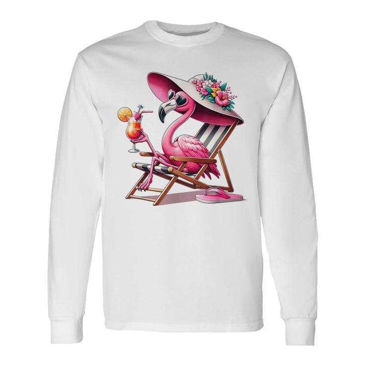 Pink Flamingos Summer Vibes Beach Palm Tree Summer Vacations Long Sleeve T-Shirt