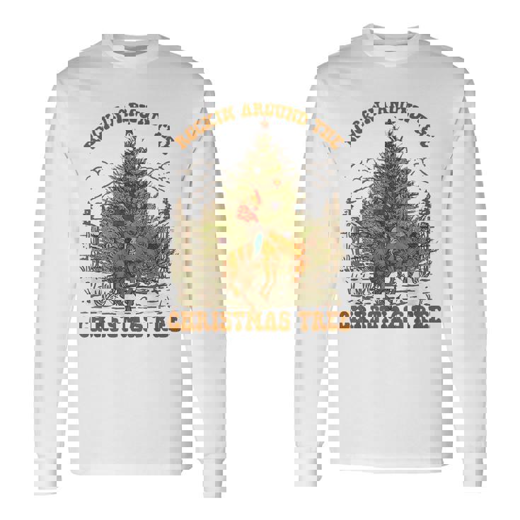 Retro Rockin Around The Christmas Tree Bronco Cowboy Rodeo Long Sleeve T-Shirt