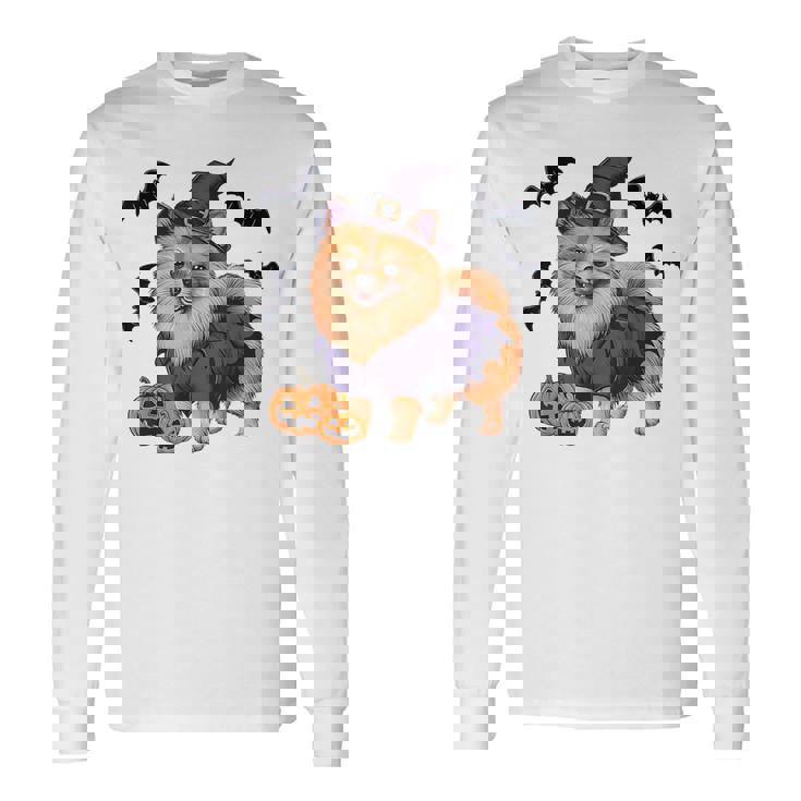 Scary Pumpkin Bat Witch Pomeranian Dog Halloween Long Sleeve T-Shirt