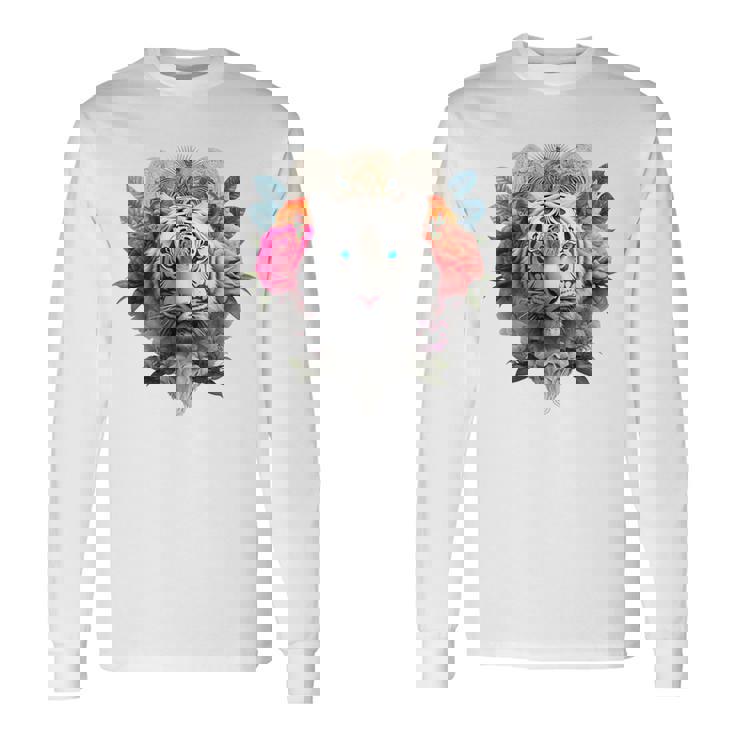 Tigre Flores Ojos Azules Animal Print Arte Tigre Camiseta de manga larga