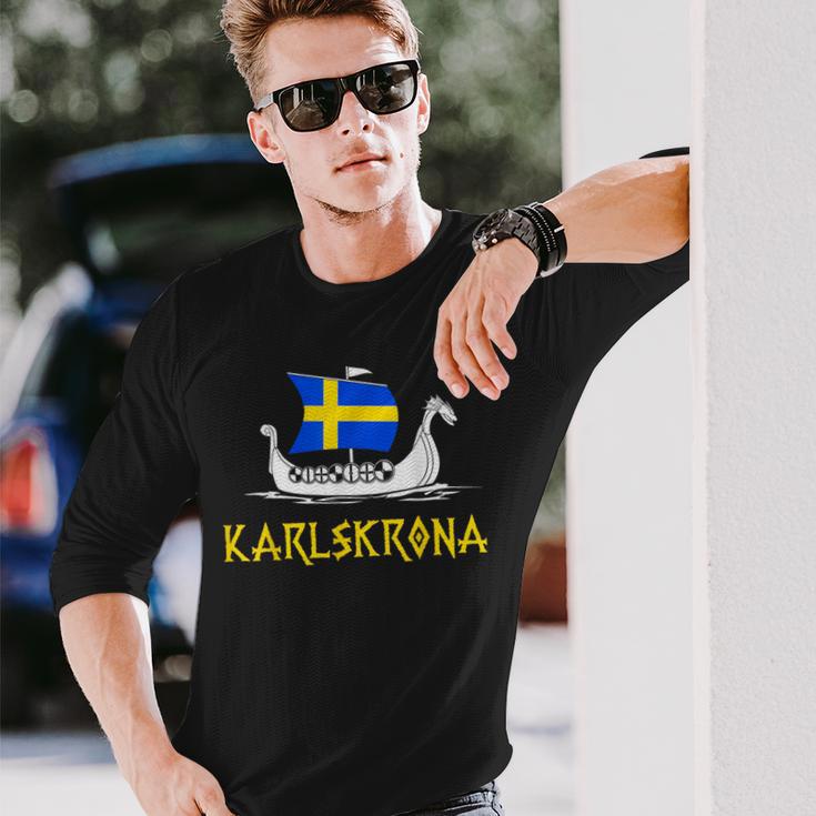 Boat Swedish Flag Swedeniking Ship Karlskrona Langarmshirts Geschenke für Ihn