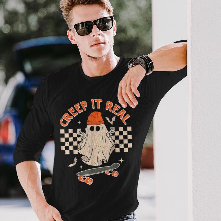 Creep It Real Skateboarding Ghost Retro Halloween Costume Long Sleeve T-Shirt Gifts for Him