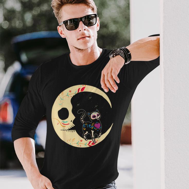 Dia De Los Muertos Cat & Moon Sugar Skull Langarmshirts Geschenke für Ihn