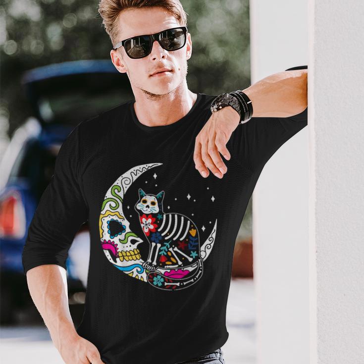 Dia De Los Muertos Cat Moon Langarmshirts Geschenke für Ihn