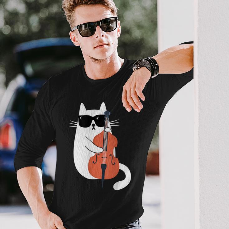 Gato Gracioso Con Gafas De Sol De Músico Contrabajo Camiseta de manga larga Regalos para él