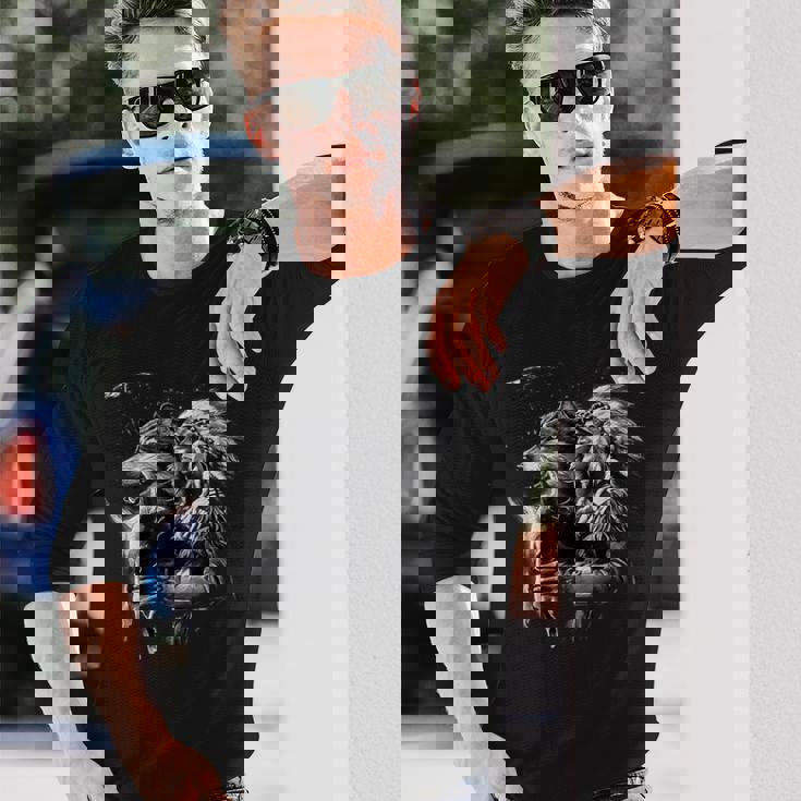 Lobo Con Indios Nativos Americanos Camiseta de manga larga