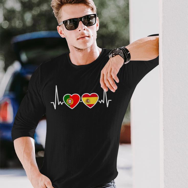 Portugal Spain Heartbeat Flag Spanish Portuguese Langarmshirts Geschenke für Ihn