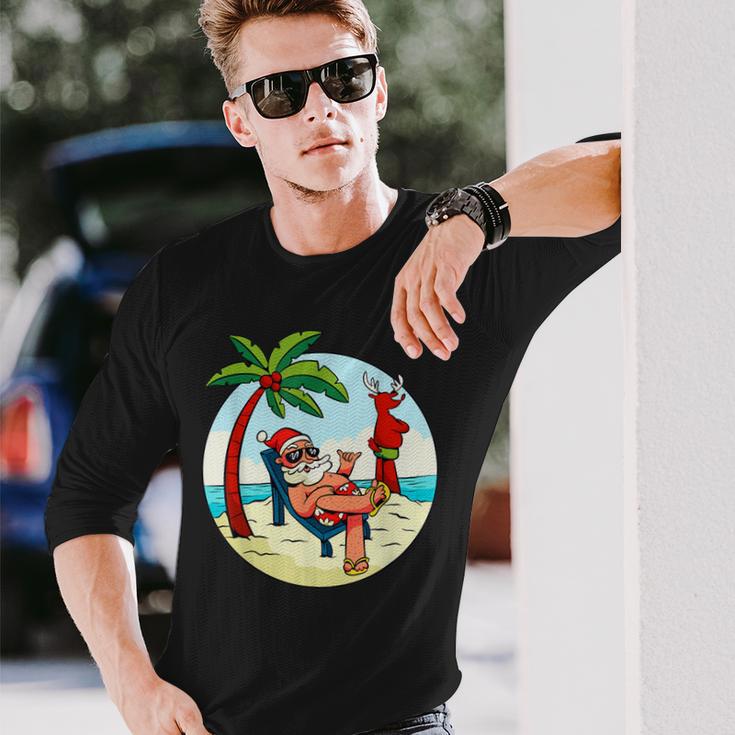 Santa Claus Reindeer Beach Swimming Trunks Palm Trees Christmas Langarmshirts Geschenke für Ihn