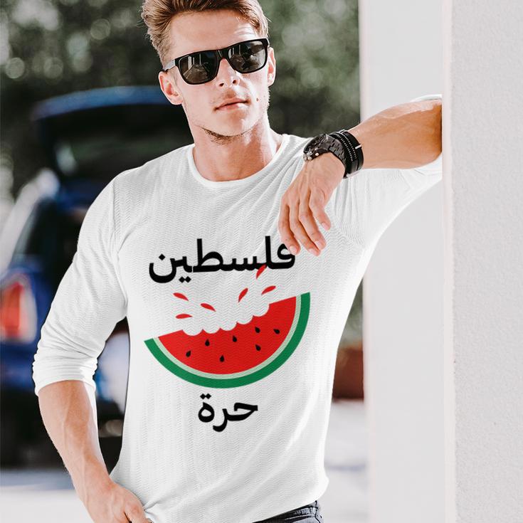 Palestine Map Watermelon Arabic Calligraphy Langarmshirts Geschenke für Ihn