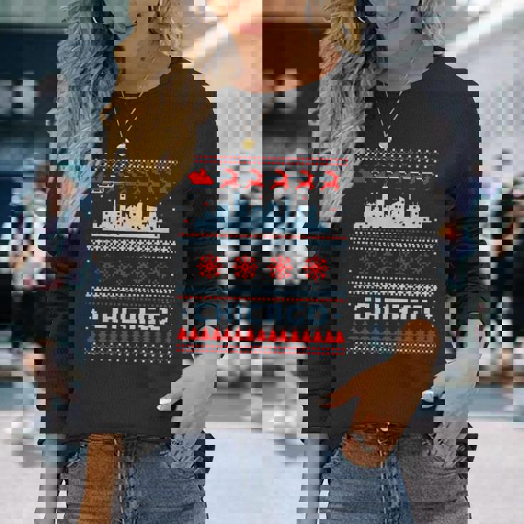 Chicago Flag City Skyline Chicago Fan Ugly Christmas Sweater Long Sleeve T-Shirt Gifts for Her
